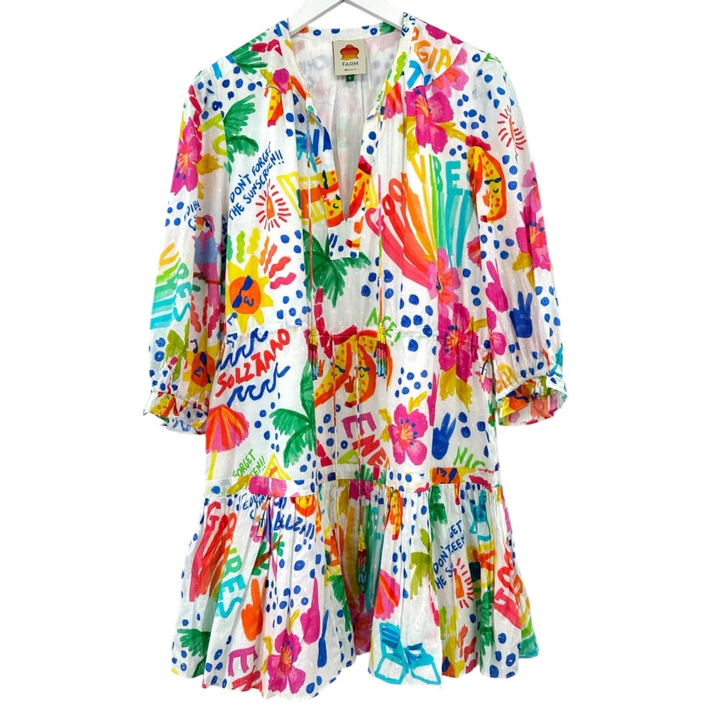 Farm Rio White Colorful Jungle Print Mini Dress w/ Waist Tie & Tassels sz L